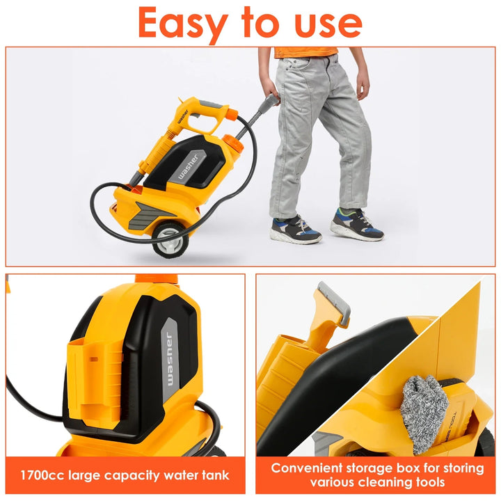 Yellow wheeled washer showing its pull handle, water tank and cleaning-tool storage compartment