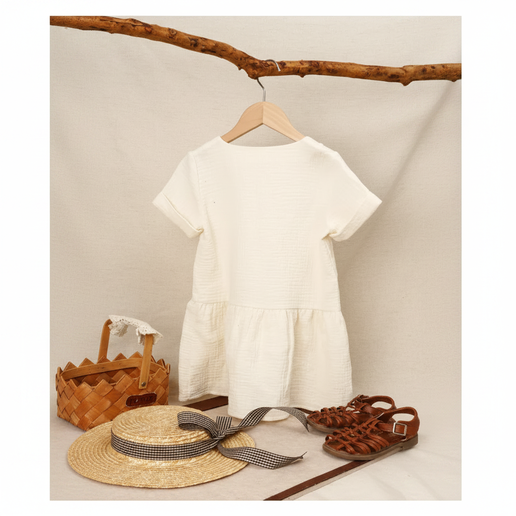 Back of the White A-line dress on a hanger, styled with a straw hat, basket, and sandals.