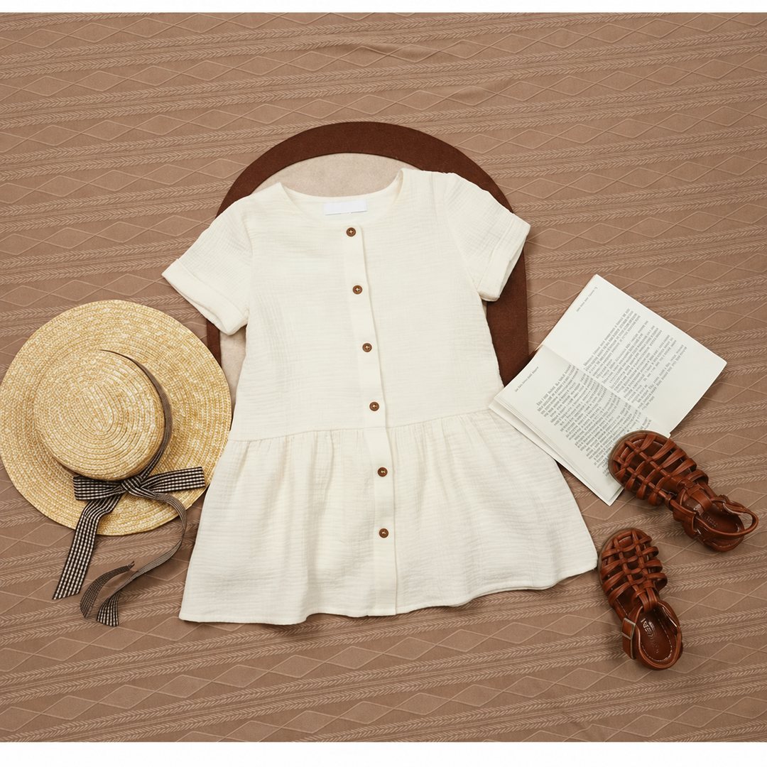 White short-sleeve dress laid flat with a straw hat, sandals, and an open book.
