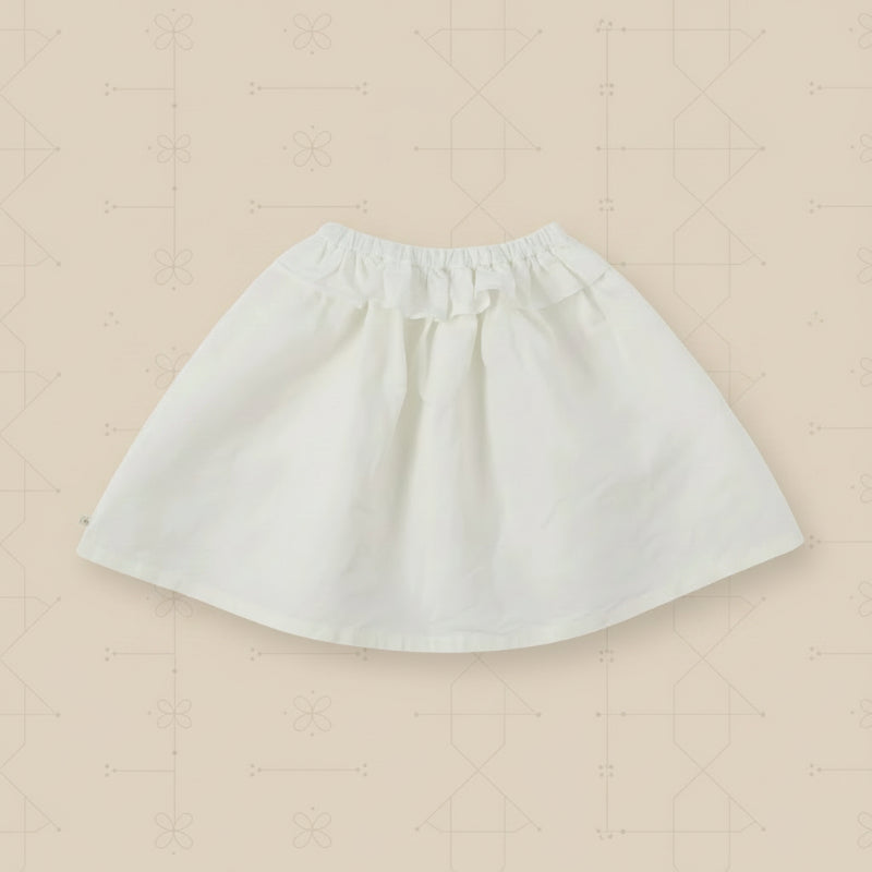 White A-line skirt with a ruffled elastic waistband, shown laid flat
