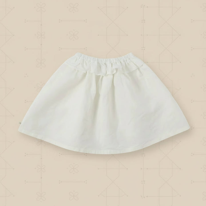 White A-line skirt with a ruffled elastic waistband, shown laid flat