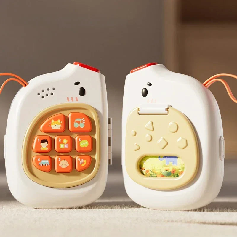 Front and back of the white activity case with orange sound buttons and a small picture window