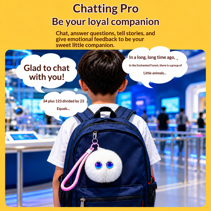 White AI plush toy clipped to a backpack in a voice-chat demonstration
