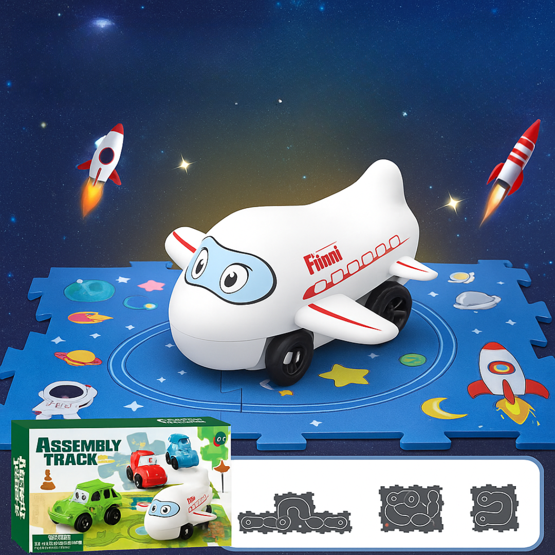 White toy airplane on a blue space-themed puzzle track with layout examples