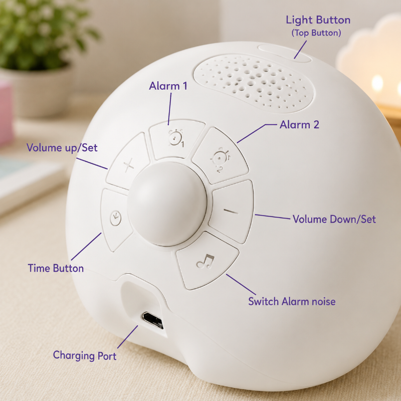 Rear view of the white alarm clock with labeled time, alarm, volume, light, and charging controls