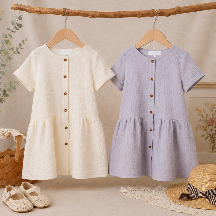 White and Dusty Purple short-sleeve cotton dresses hanging side by side.