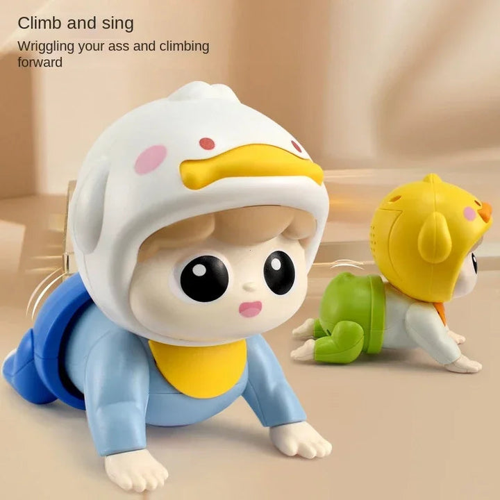 White crawling doll in a blue outfit beside the yellow and green version