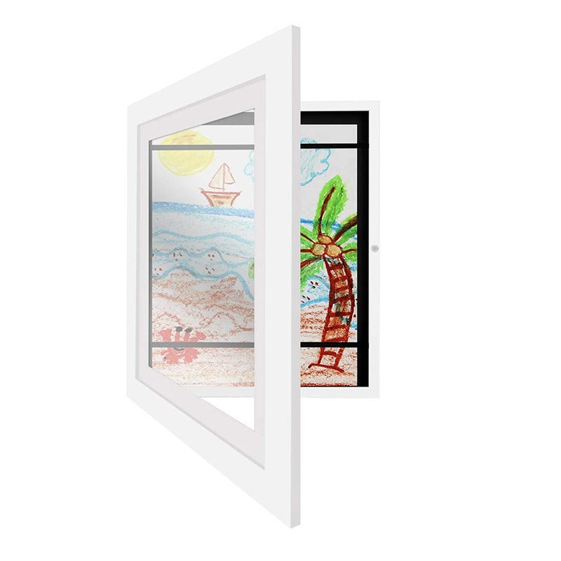White art frame with its front open to reveal children&