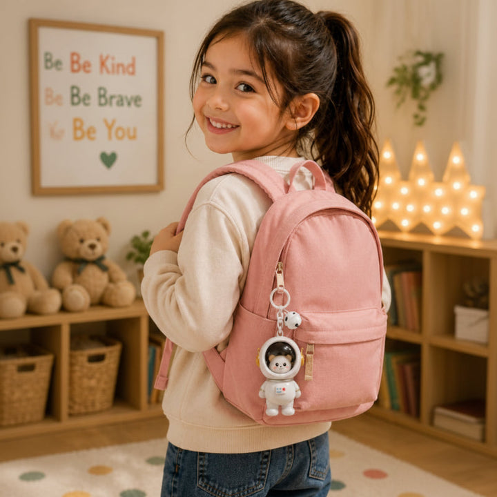 Girl wearing a pink backpack with a white astronaut charm attached to the side