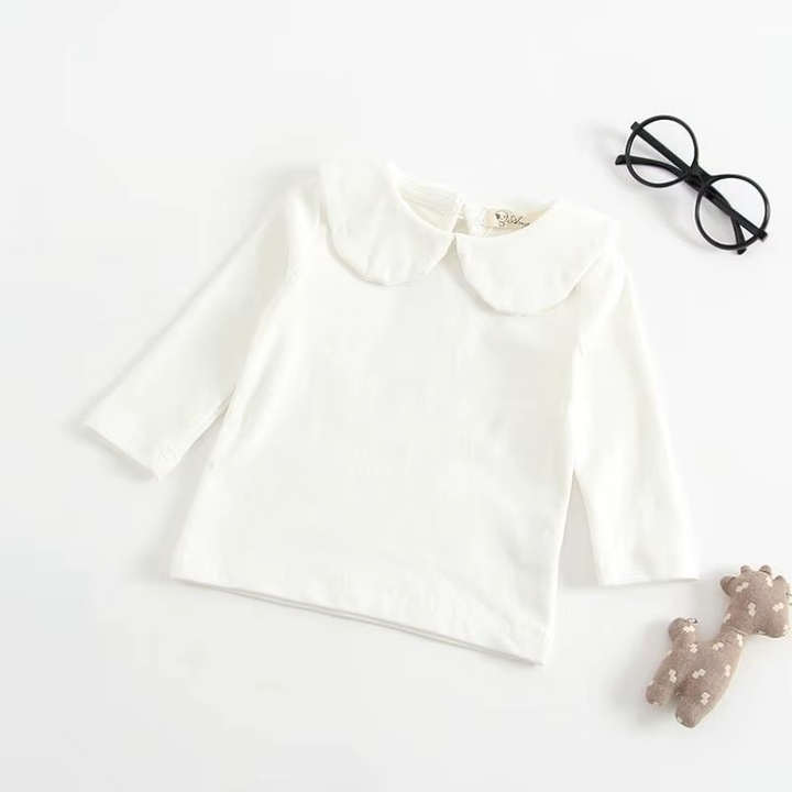 White long-sleeve baby shirt with a rounded collar