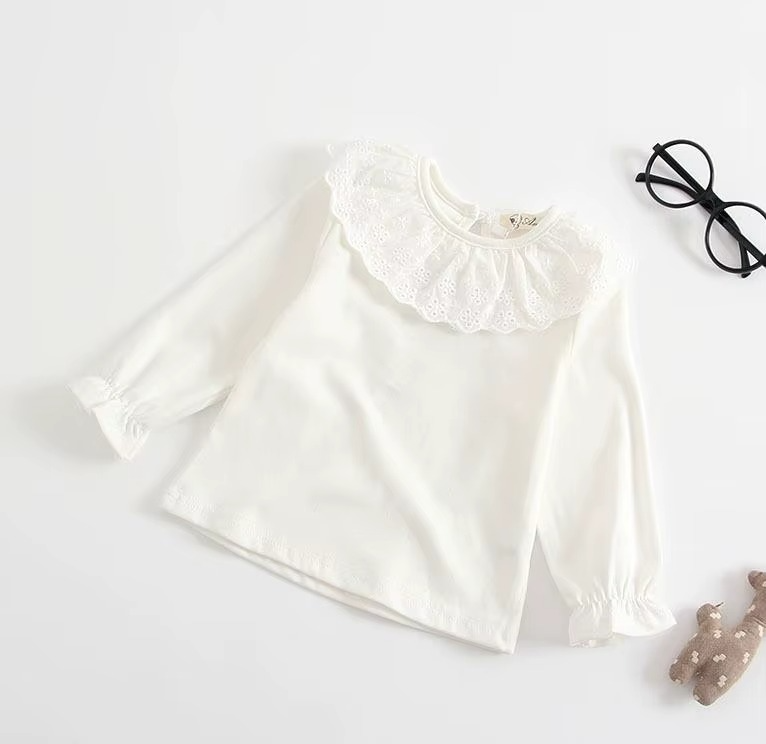 White long-sleeve baby shirt with a ruffled eyelet collar