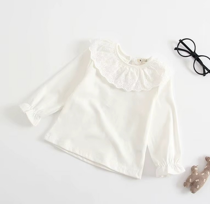 White long-sleeve baby shirt with a ruffled eyelet collar