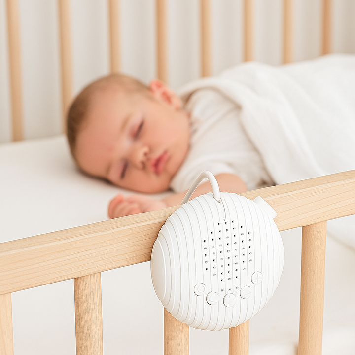 White portable sound machine hanging from a crib rail beside a sleeping baby