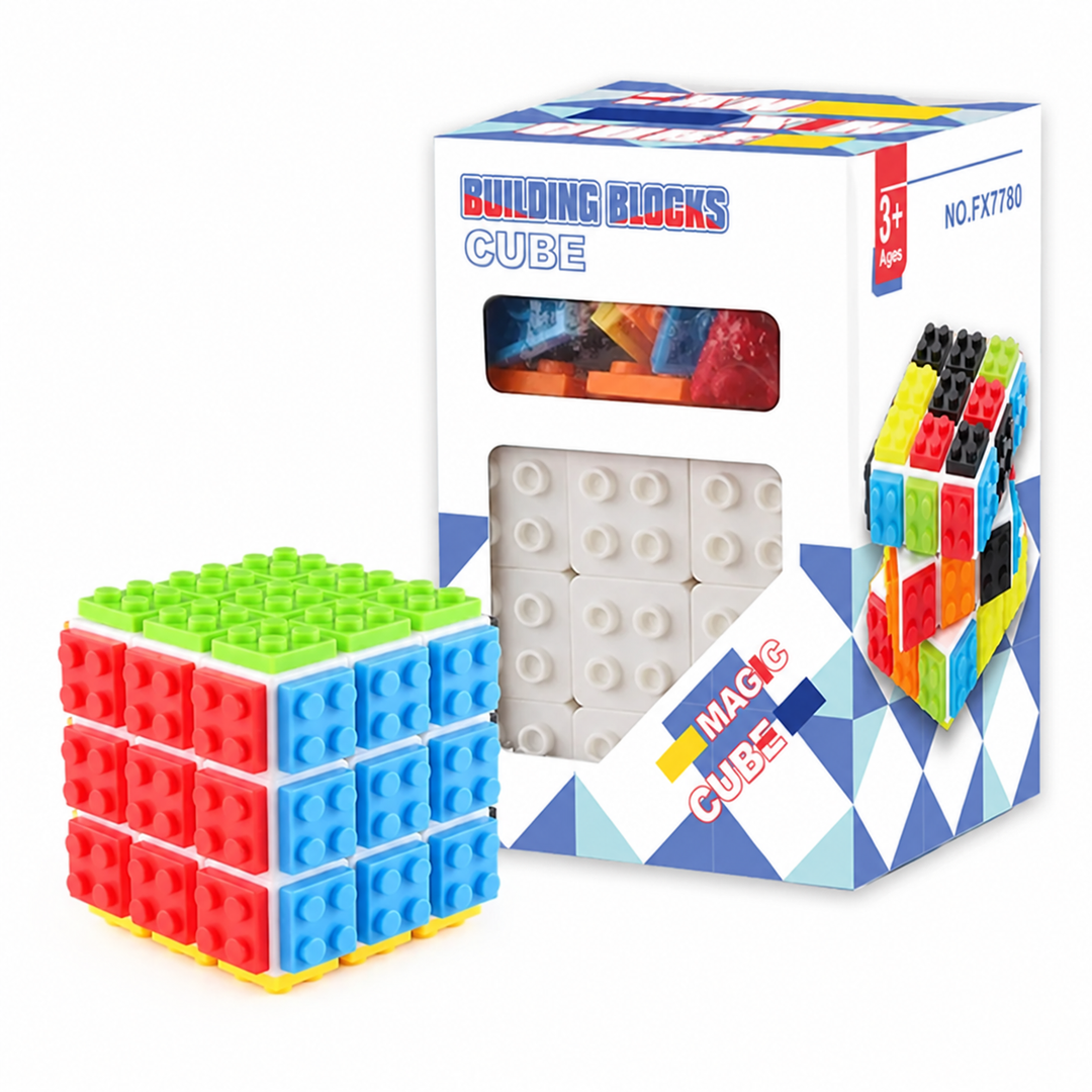 Studded multicolor cube puzzle with a white base beside its box