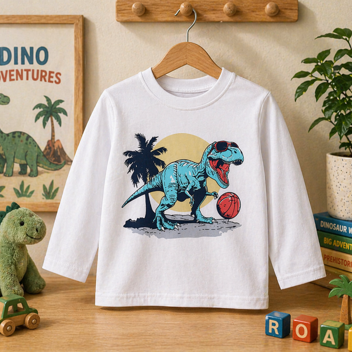 White sweatshirt featuring a blue dinosaur in sunglasses beside a basketball and palm tree