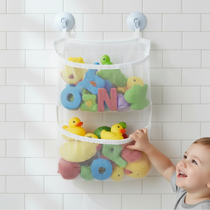 White mesh bath toy organizer on tile with a child reaching into the lower pocket