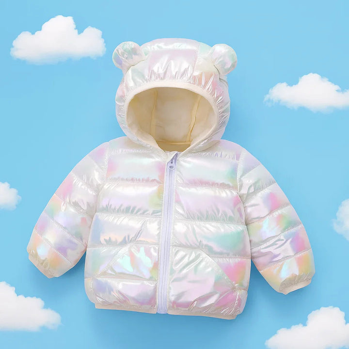White iridescent puffer jacket with a bear-ear hood and pale lining