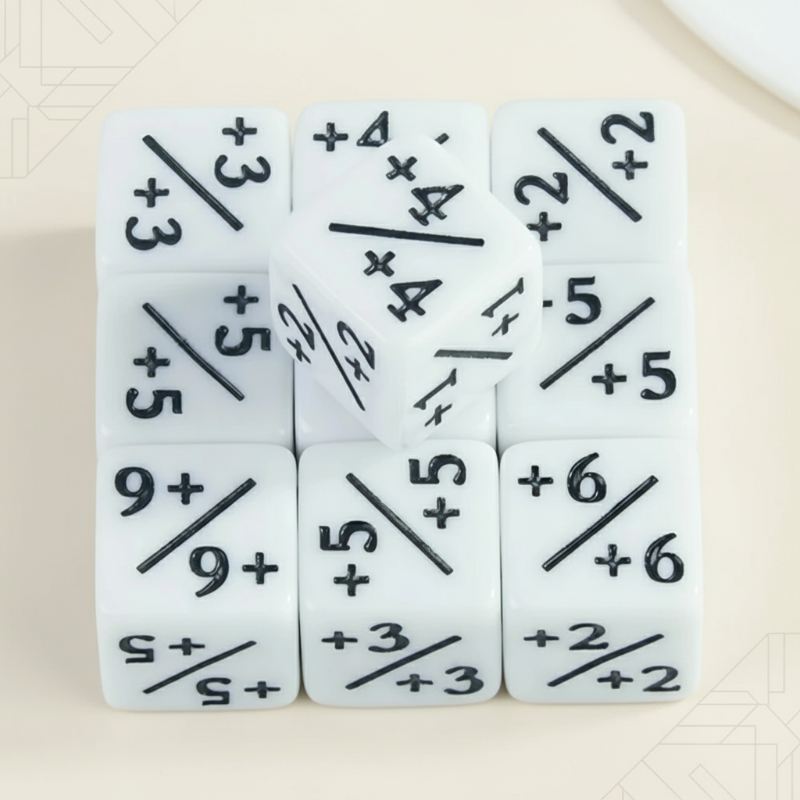 White counter dice with black positive numbers and diagonal divider lines