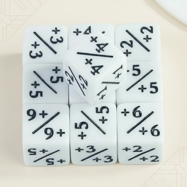 White counter dice with black positive numbers and diagonal divider lines