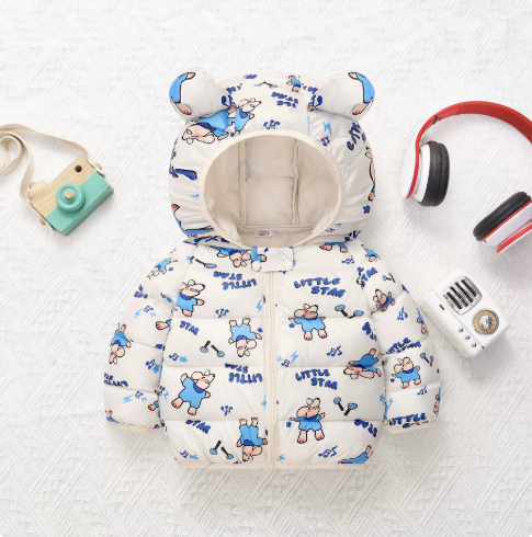 White quilted hooded jacket with blue cartoon character prints and rounded ears