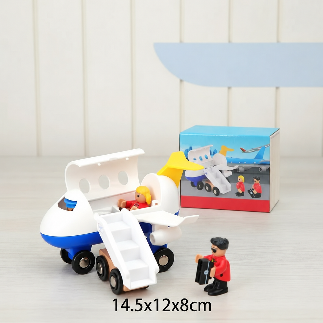 White-and-blue toy airplane with boarding stairs, figures, and a 14.5 x 12 x 8 cm size label