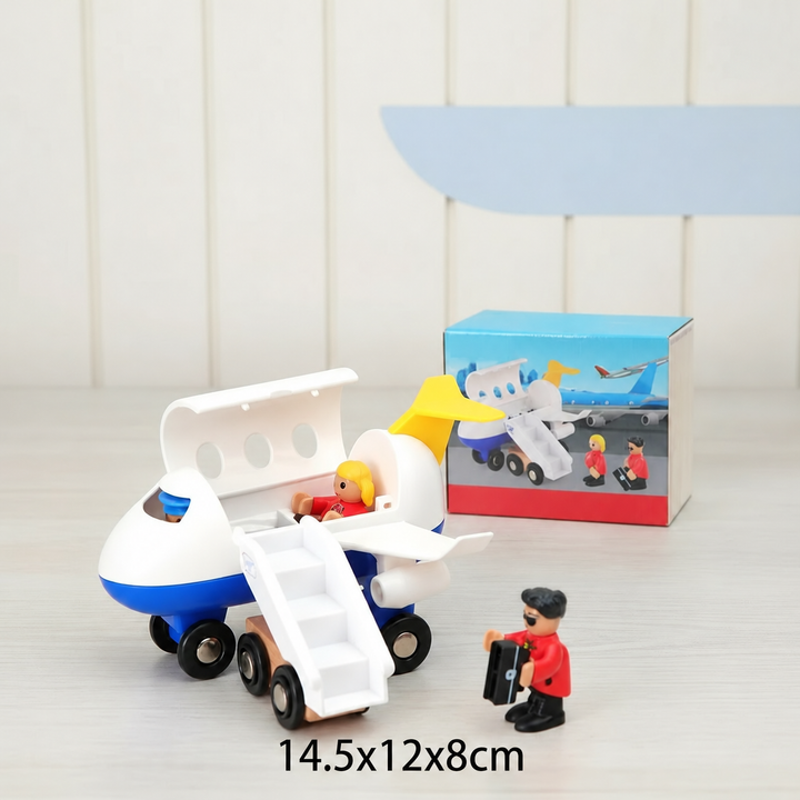 White-and-blue toy airplane with boarding stairs, figures, and a 14.5 x 12 x 8 cm size label