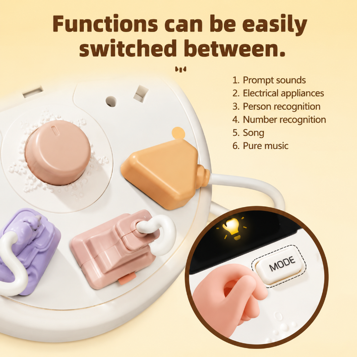 White busy board control graphic with a rotating dial, pastel plugs and mode-button inset
