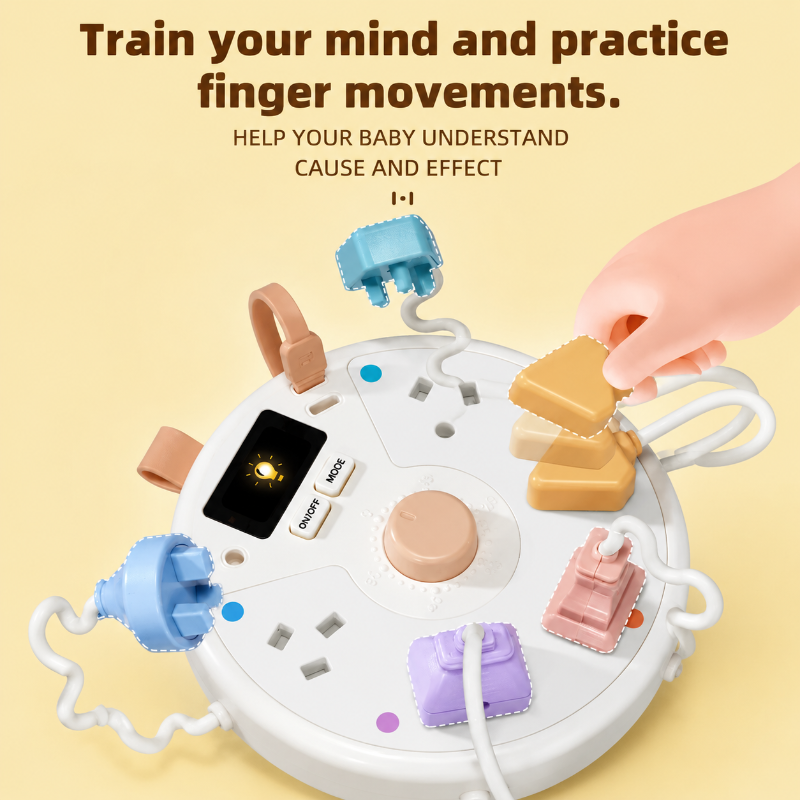 Hand connecting a yellow toy plug to the White busy board