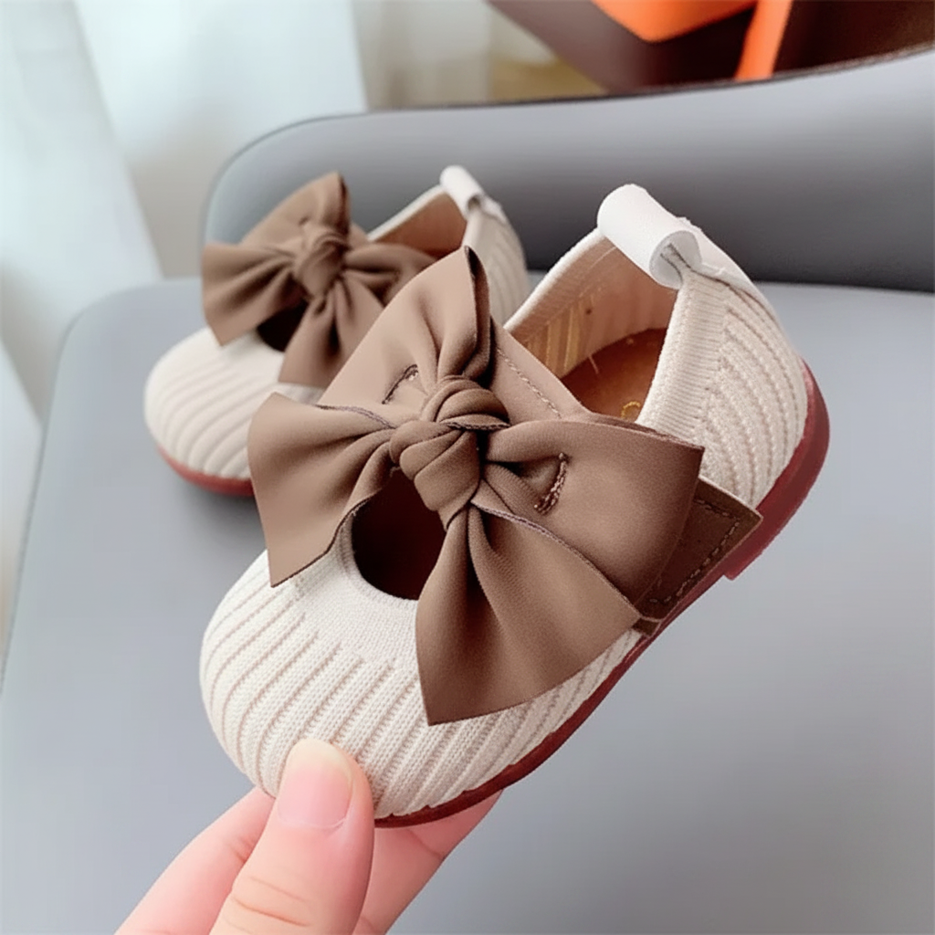 White bow shoe held up to show its knitted upper and side strap
