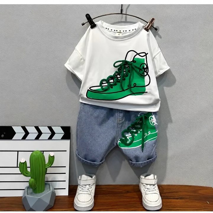 Front view of the white sneaker-print T-shirt and elastic-waist denim shorts displayed on hangers