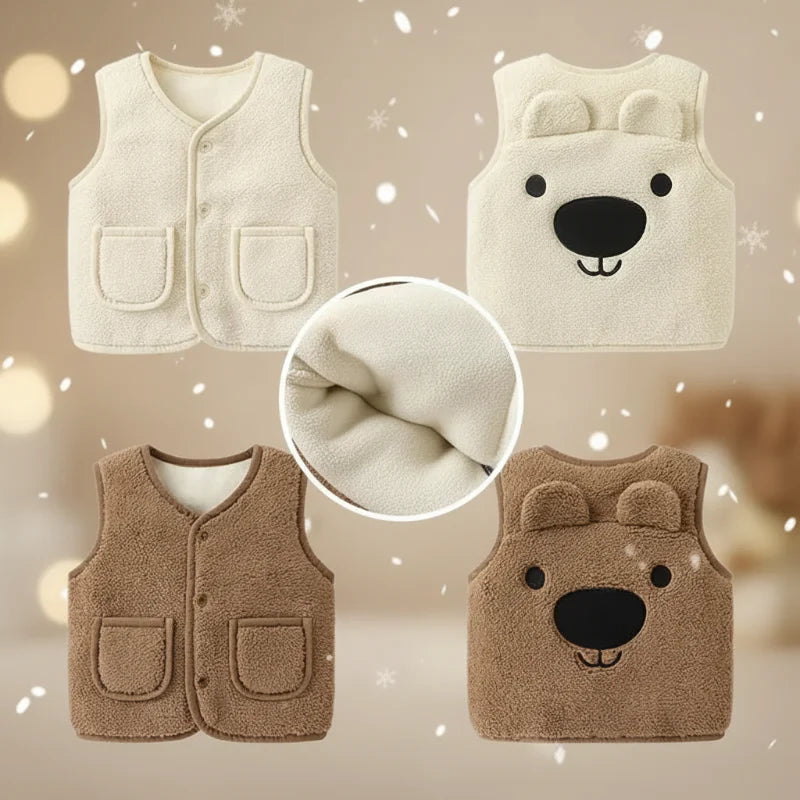 White and brown bear fleece vests shown from the front and back with a lining detail.