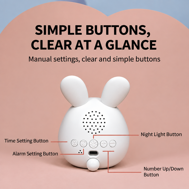 Rear controls of a white bunny clock with labeled time, alarm, light and adjustment buttons