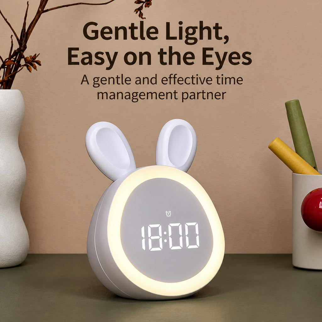 White bunny digital clock with a softly glowing light ring on a tabletop