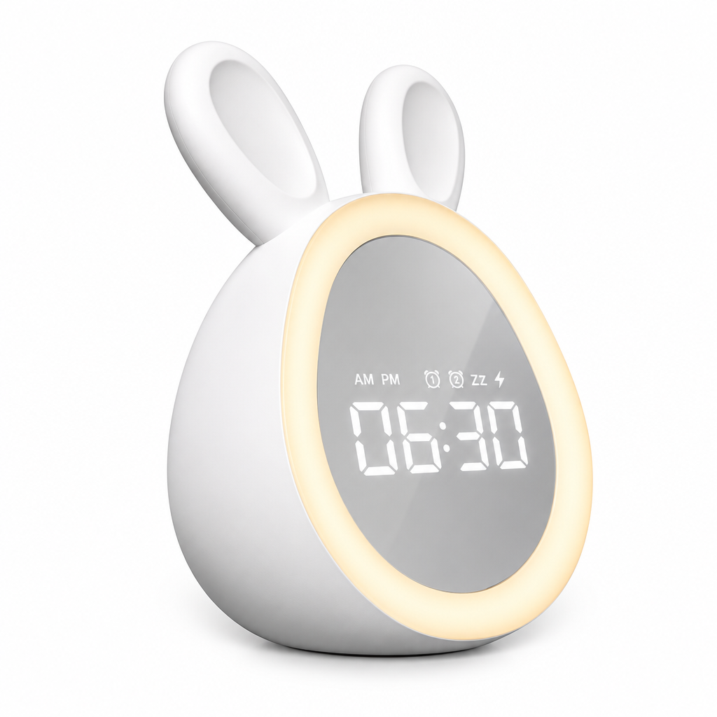 White bunny digital alarm clock with an illuminated ring around its display