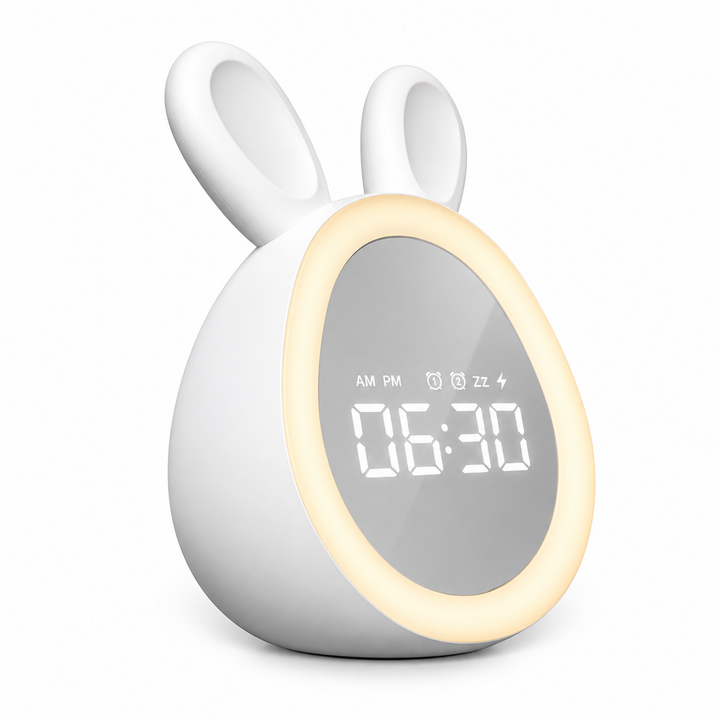 White bunny digital alarm clock with an illuminated ring around its display