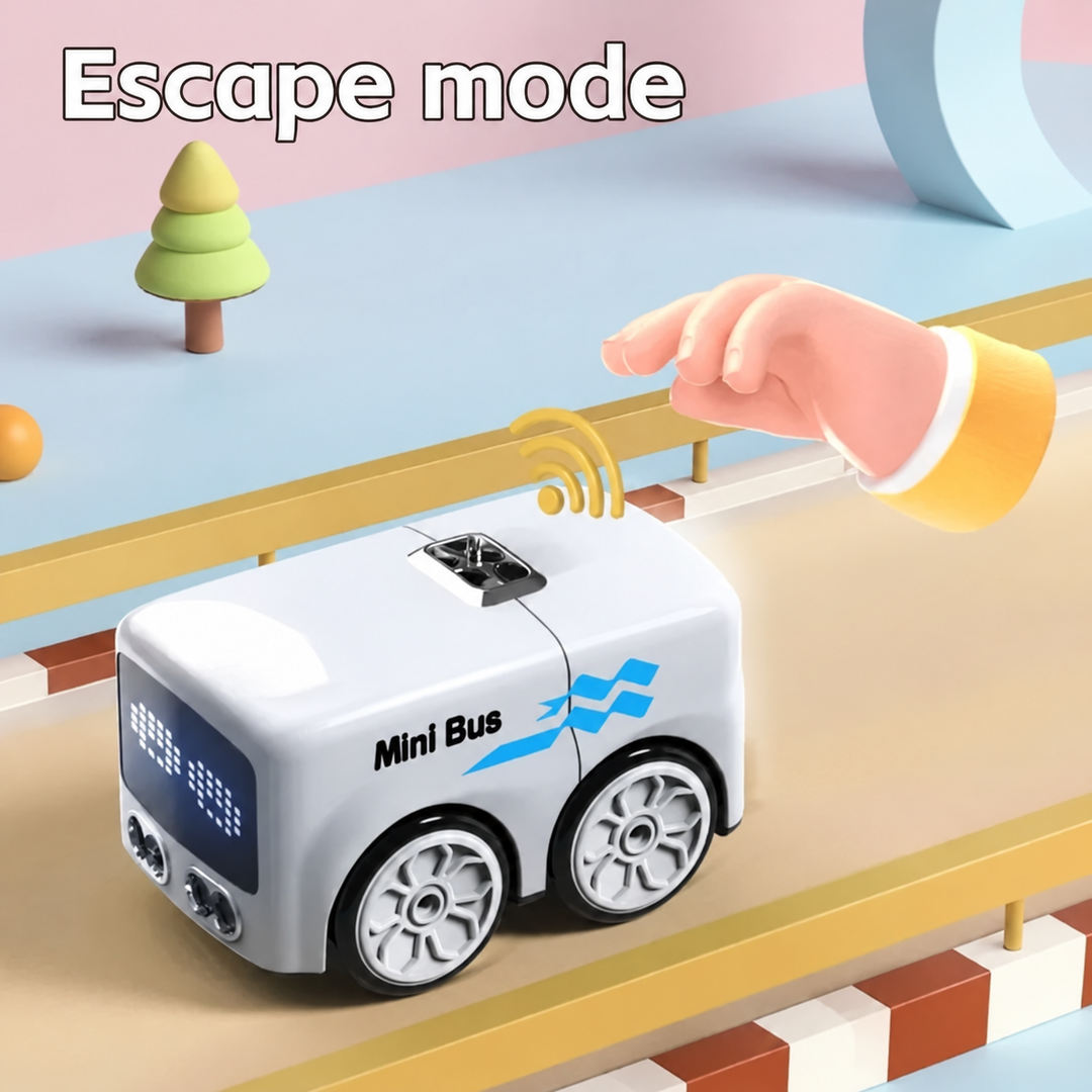 White mini bus demonstrating escape mode near a hand