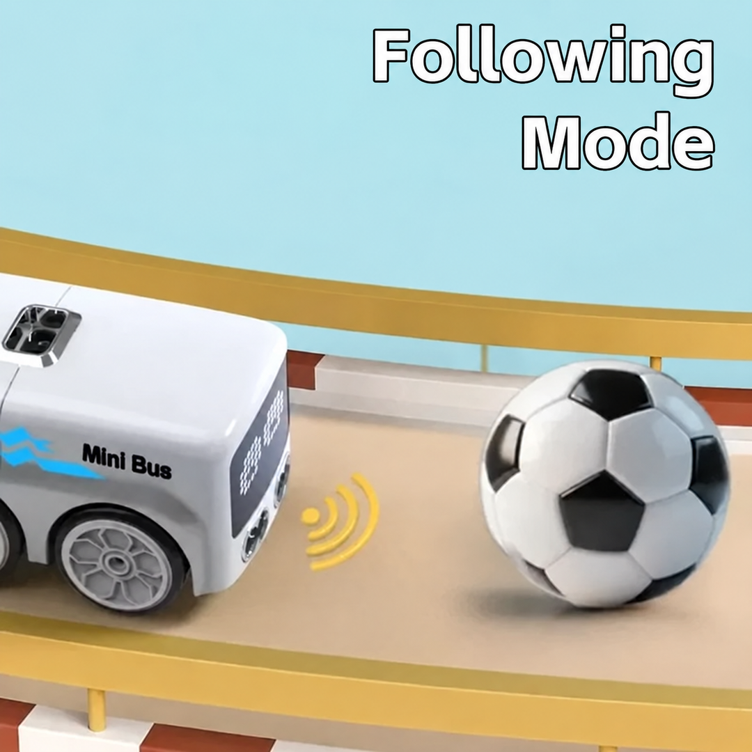 White mini remote control bus in following mode behind a soccer-pattern ball
