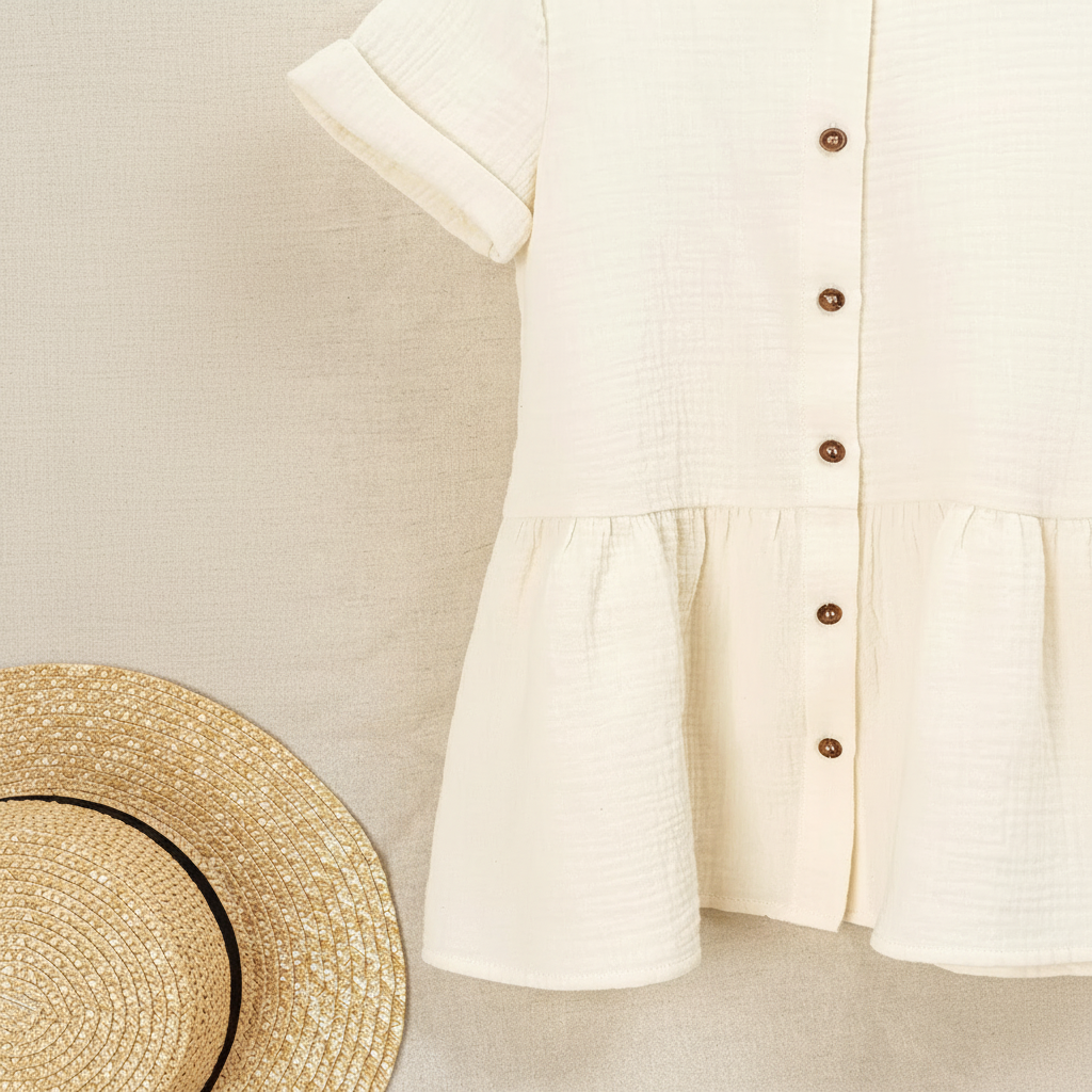 White button-front dress showing the gathered skirt, styled beside a straw hat.