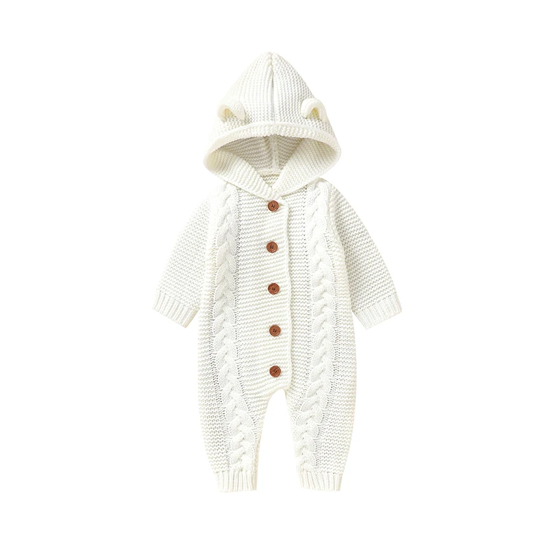 White knitted baby jumpsuit with an attached ear-detail hood, front buttons, and ribbed cuffs