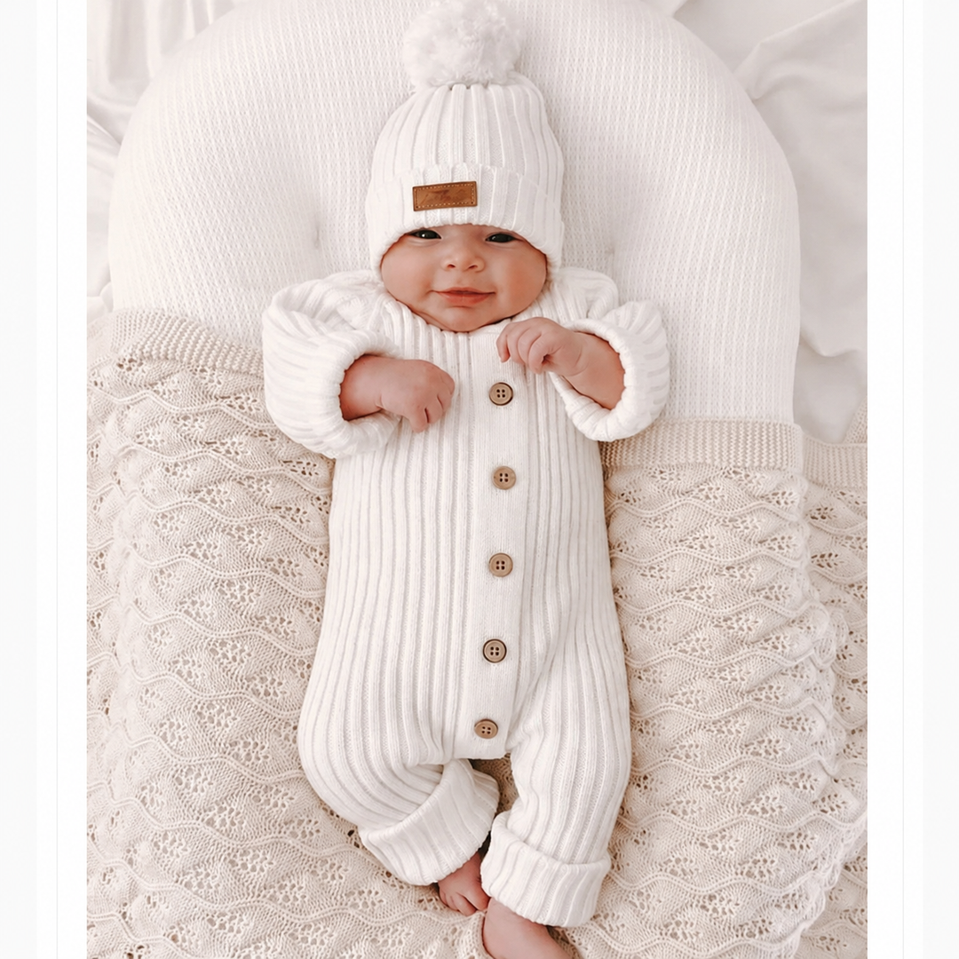 Baby in a white ribbed button-front romper resting on a pale knitted blanket