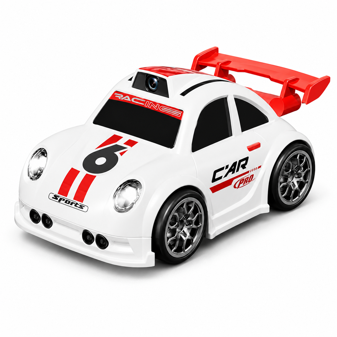 White RC drift car with a roof camera, red racing stripes, and rear spoiler