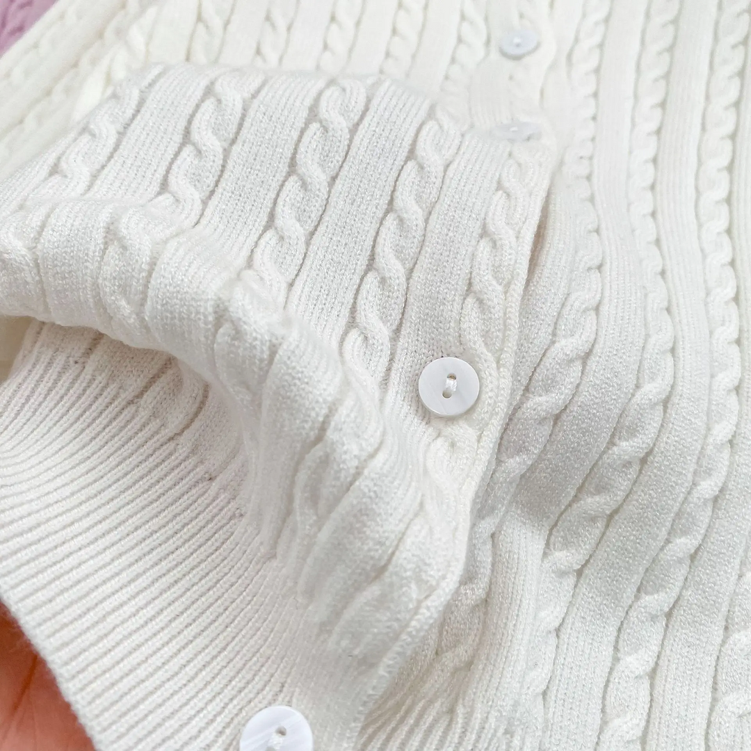 Close-up of the cable-knit texture and front buttons on a white cardigan