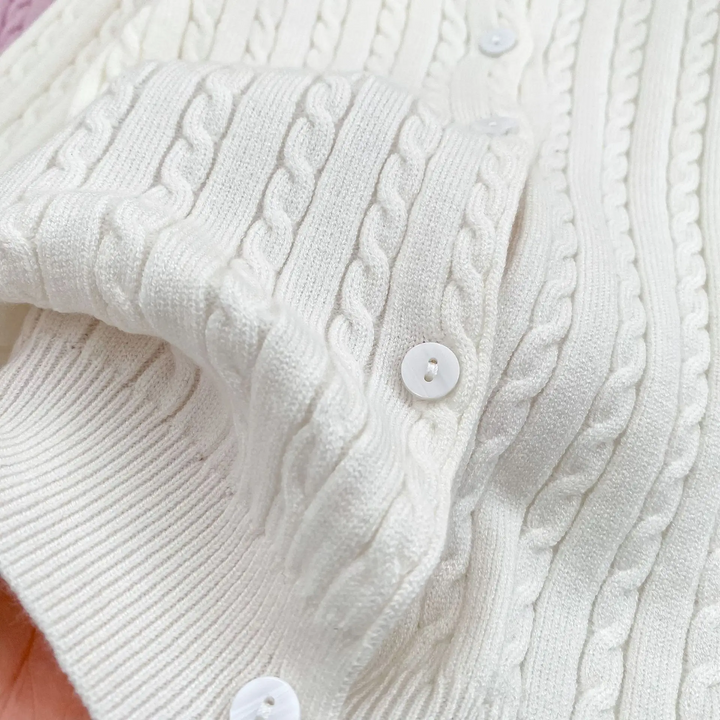 Close-up of the cable-knit texture and front buttons on a white cardigan