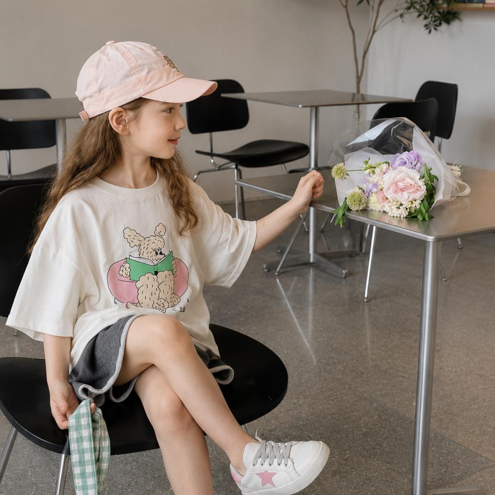 Girl seated in a white oversized cartoon-print T-shirt with gray shorts and a pink cap