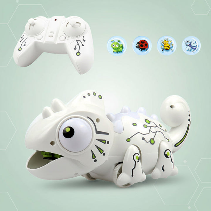 White robotic chameleon beside its handheld controller and four insect-themed discs.