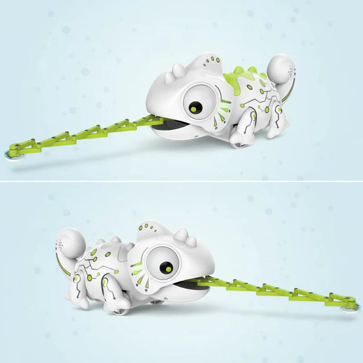 Two side views of the white RC chameleon with its green tongue extended.