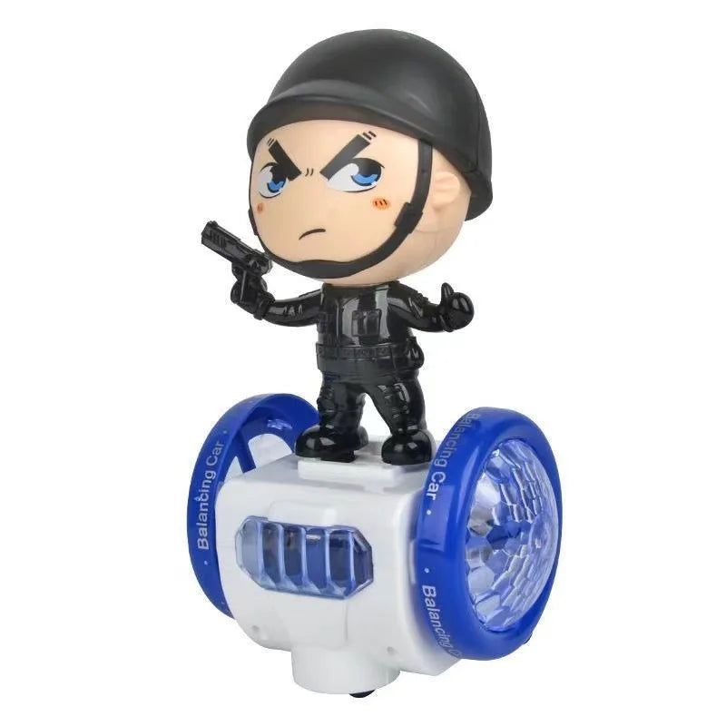 White two-wheel toy car with blue wheels and a character wearing a black helmet