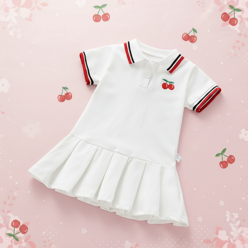 Front view of the white cherry polo dress with red-and-dark-striped trim and a pleated skirt.