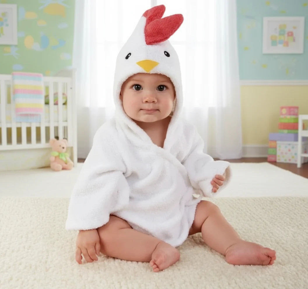 Baby wearing a white chicken bathrobe with a red comb and yellow beak on the hood