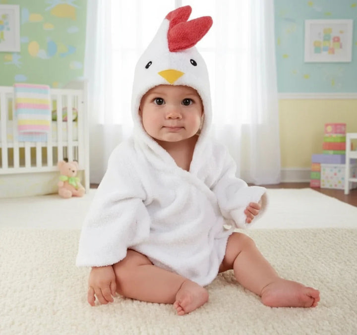 Baby wearing a white chicken bathrobe with a red comb and yellow beak on the hood